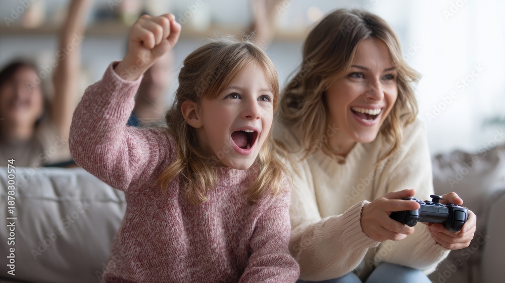 Fototapeta premium Fun gaming entertainment. A woman and a young girl joyfully playing video games on a couch, with the woman holding a joystick. The background is slightly blurred.