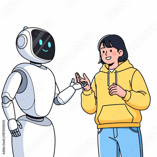 Young woman interacting with a friendly robot, representing technology and future collaboration
