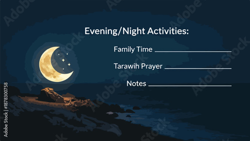 A serene night scene with a glowing crescent moon