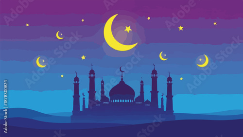 A serene night scene with a mosque silhouette under a starry sky