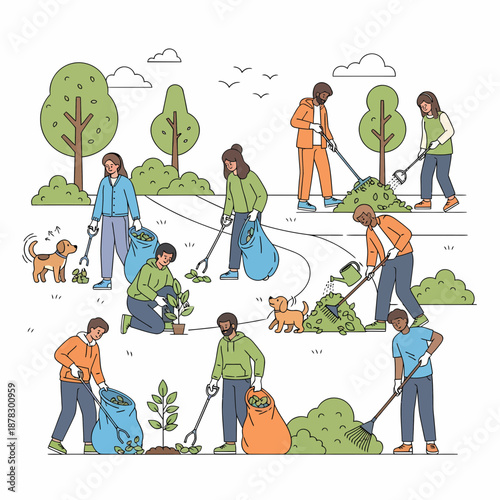 Community volunteers collaborate on park cleanup and greening efforts, promoting environmental sustainability