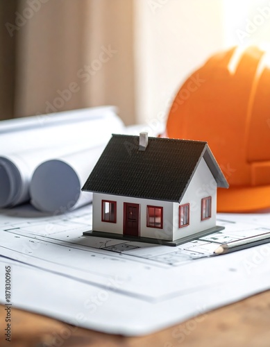 A miniature house model on a table with construction plans, a hard hat, and rolled blueprints