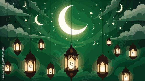 A serene night scene with crescent moons and lanterns