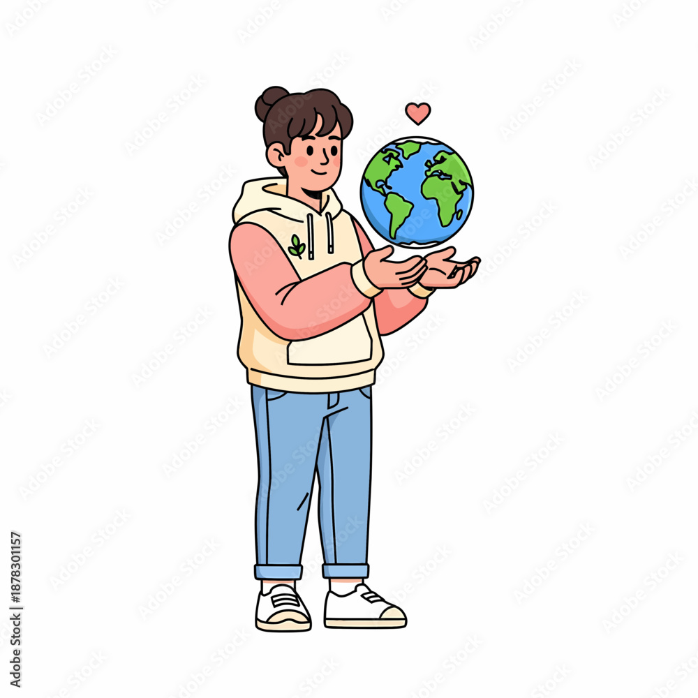Fototapeta premium Illustration of a kind youth gently holding our planet, symbolizing global care and environmental stewardship for a sustainable future