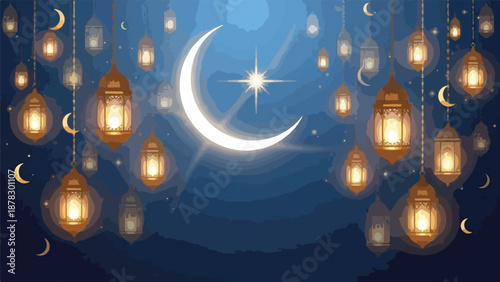 A serene night scene with hanging lanterns and crescent moon
