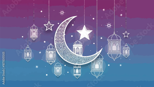 A serene night sky with crescent moon and hanging lanterns