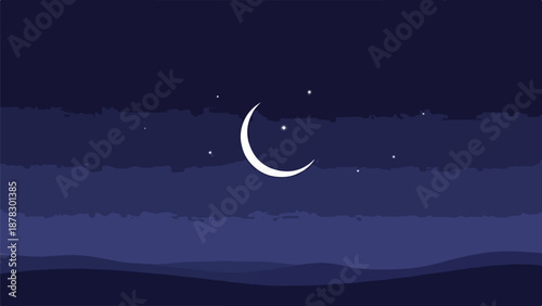 A serene night sky with crescent moon and stars
