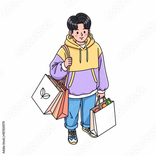 Animated depiction of a contemporary youth happily returning from a rewarding shopping excursion with several purchases