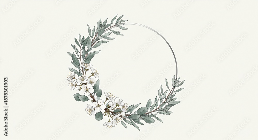 Fototapeta premium A beautiful floral wreath with green leaves and white flowers on a plain background