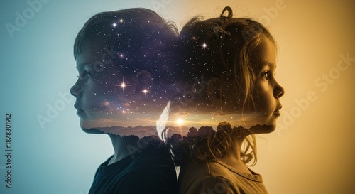 A double exposure portrait of a man and a young girl with a starry night sky and sunset landscape