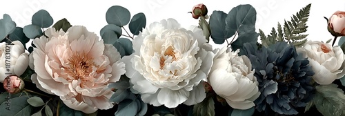 A delicate arrangement of peony flowers and eucalyptus leaves displayed on a white backdrop creating an elegant floral illustration.