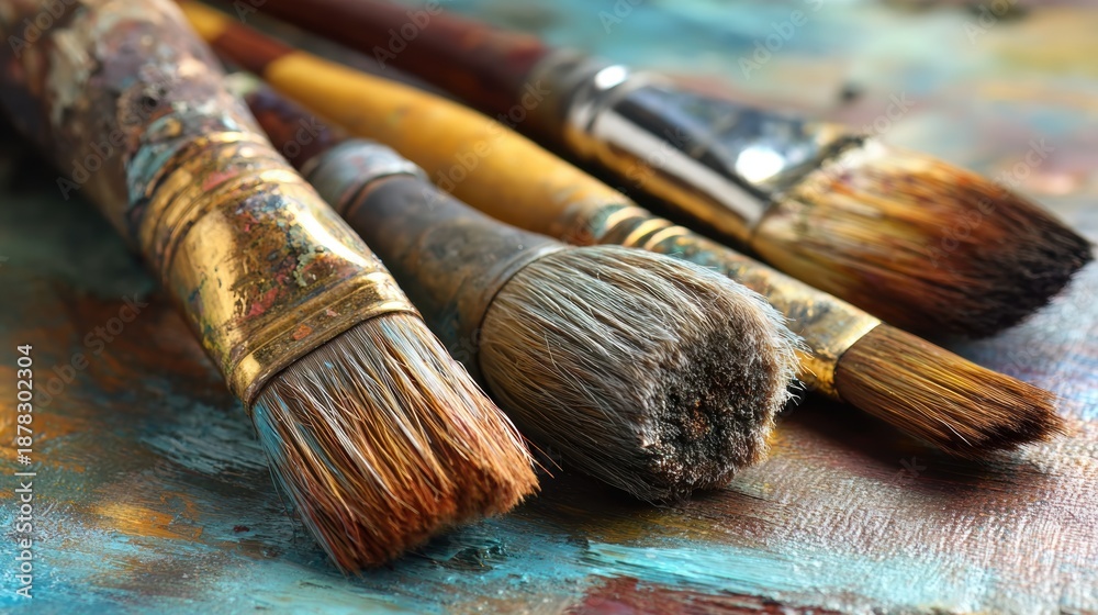 Fototapeta premium Education training class. Knowledge learning improvement study. Three paintbrushes of varying sizes and colors sitting atop a vibrant, multicolored wooden table. The background is slightly blurred.