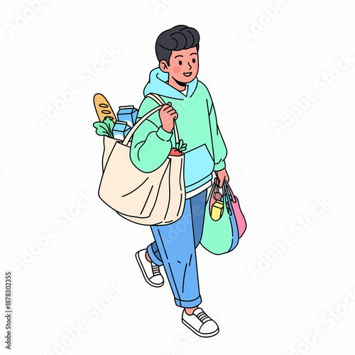 Young man walking with reusable bags full of groceries, promoting sustainable and eco-friendly shopping habits