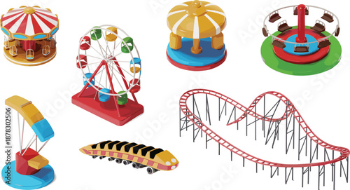 Colorful amusement park rides set isolated on white background featuring carousel ferris wheel roller coaster fun attractions family entertainment icons