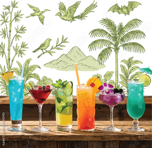 Colorful tropical cocktails lineup on wooden bar with exotic garnishes, vibrant drinks summer party bar concept background decor nightlife refreshment