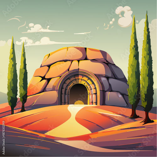 Ancient stone beehive tomb with a grand arched doorway illustration.