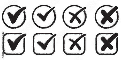 Check mark icons set. Green brush stroke check mark, tick symbols, checklist signs. Grunge brush stroke signs. Grunge checkmark design. Dirty grunge stroke checkmark sign vector illustration Handdrawn