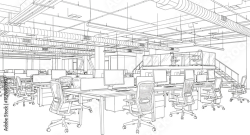 Large open plan office interior line art vector illustration with numerous workstations ergonomic chairs and industrial ceiling