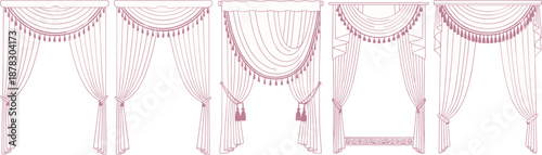 Elegant vintage curtains set with drapery valances tassels, classic window decor illustration, luxury interior textile design collection vector line art