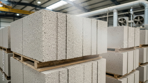Autoclaved aerated concrete blocks stacked on wooden pallets in modern industrial warehouse, lightweight construction materials ready for shipment in bright manufacturing facility