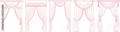 Elegant vintage curtains set with drapery valances tassels, classic window decor illustration, luxury interior textile design collection vector line art
