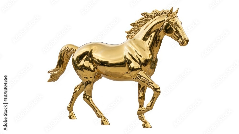 Fototapeta premium A golden horse statue isolated on a white background.