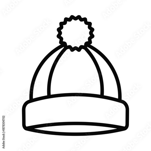 Black and white illustration of a beanie hat with pompom on white background