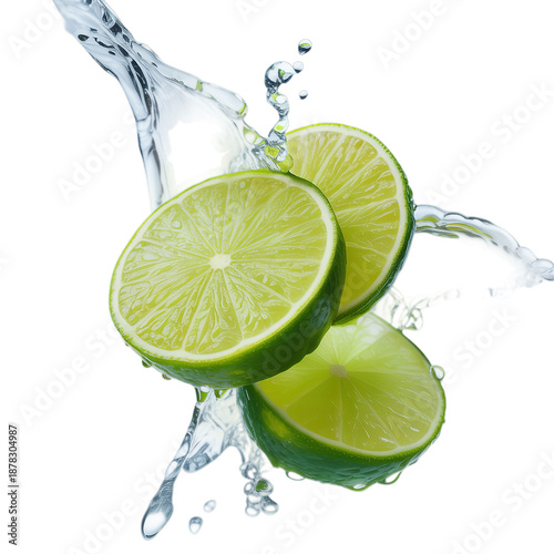 Lime slices with drops and water splash isolated on white background
