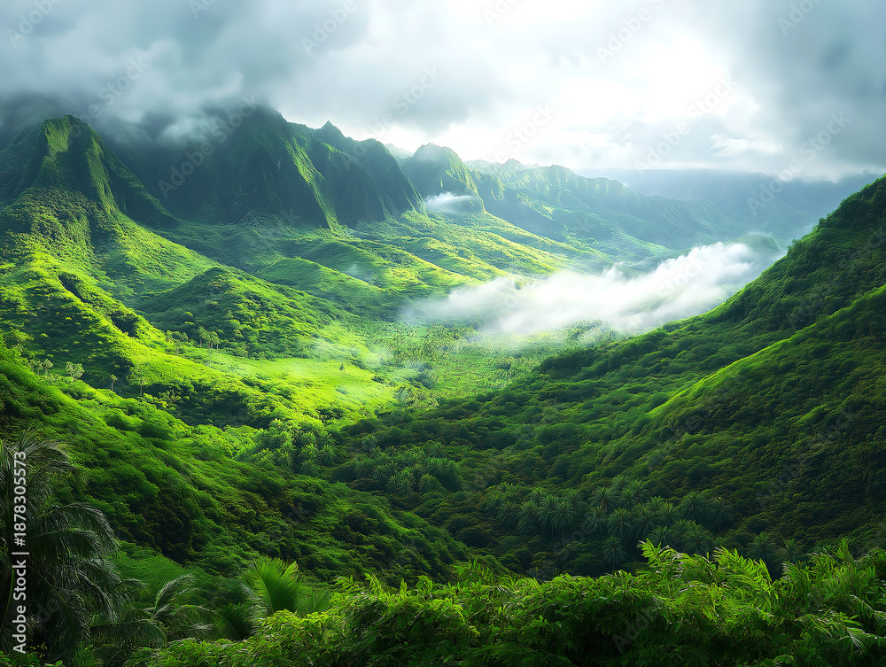 Obraz premium Hidden Valley Covered in Mist and Towering Greenery