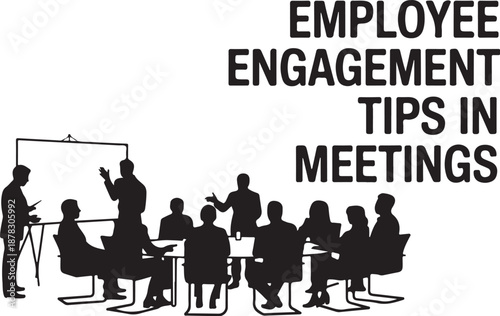 Black and white meeting with employee engagement tips text