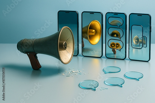 A megaphone faces mirrored smartphones, revealing distorted reflections, symbolizing echo chambers, digital amplification, and fractured communication