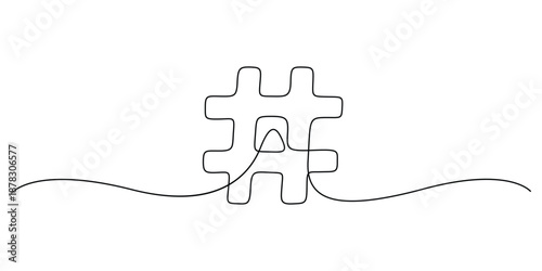 Continuous line drawing of a hashtag symbol, number sign. Concepts for social media for tagging or categorizing content