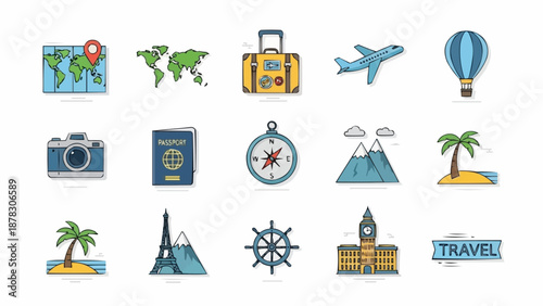 Collection of travel and vacation icons on a white background.