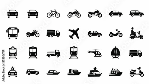 Collection of transportation icons in black silhouette.