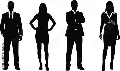 business professional silhouettes set, confident male female executives standing poses, corporate leadership concept, isolated black vector illustration design