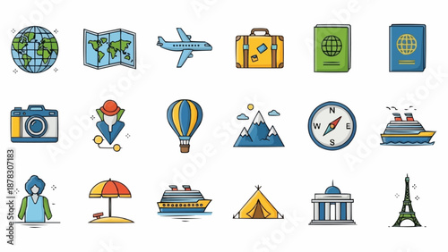 Collection of travel and vacation icons for tourism and adventure.