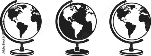 Set of three minimalist world globe icons showing earth continents for education travel and global business concepts