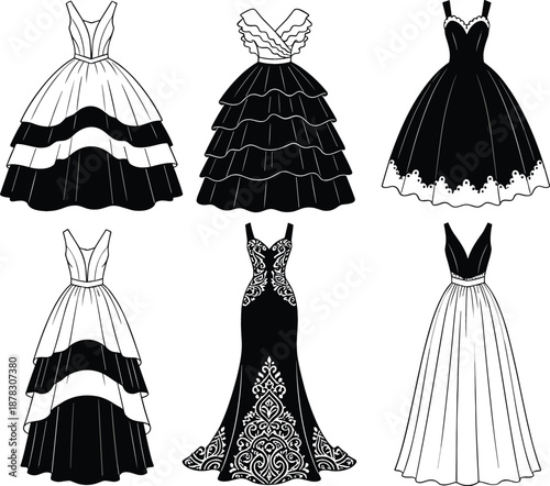 Set of elegant evening gown icons and ball dress silhouettes featuring various formal fashion styles in black and white vector