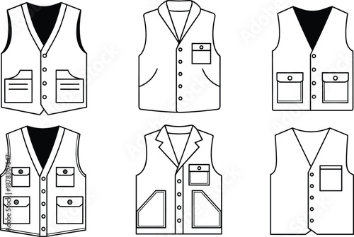 Set of mens utility vest icons and fishing waistcoat silhouettes with pockets in black and white line art vector style