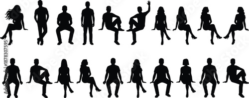 people silhouettes set, sitting posing men women figures, casual lifestyle characters, isolated black vector collection, human posture illustration