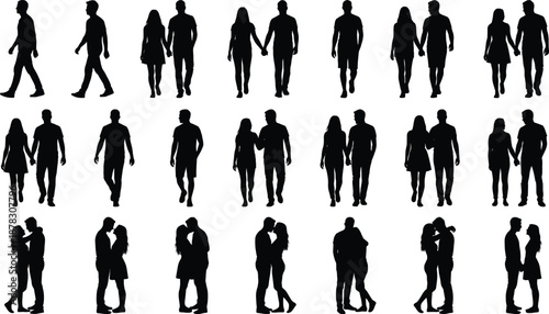 romantic couple silhouettes collection, walking holding hands and hugging lovers, male female relationships, love concept, isolated black vector