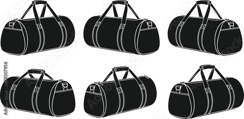 Vector set of black duffel bag silhouettes featuring travel sports gym bags with carry handles and shoulder straps