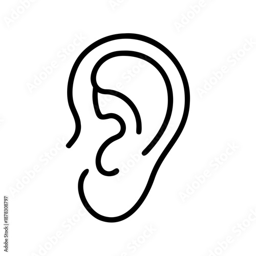 Minimalist Human Ear Icon, Solid Black Silhouette Vector Symbol for Hearing and Auditory Health, Isolated on White Background