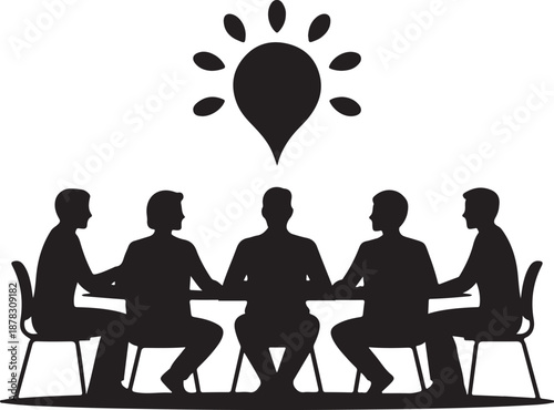 Five people sitting around a table with a lightbulb above them