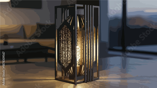 A tall, illuminated lamp with a decorative metal shade