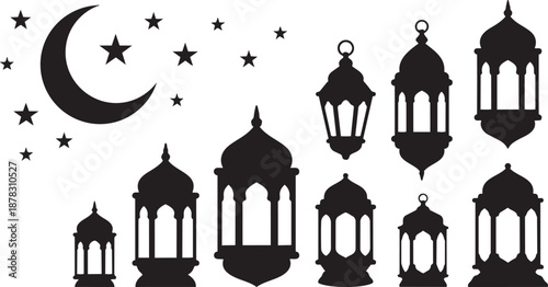 Stunning vector art featuring a harmonious arrangement of diverse traditional Islamic lanterns and a celestial crescent moon with stars, encapsulating the spirit of Ramadan and Eid festivities