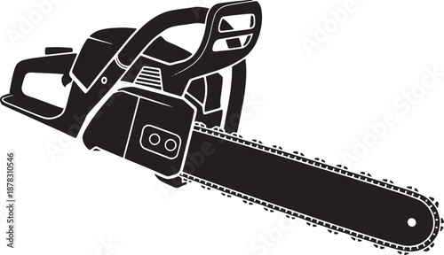 Black silhouette of a gasoline powered chainsaw with a long bar and chain black and white