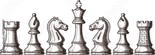Monochromatic line drawing of classic chess pieces arranged symmetrically, highlighting strategic gameplay and elegance for game-themed or educational design use.