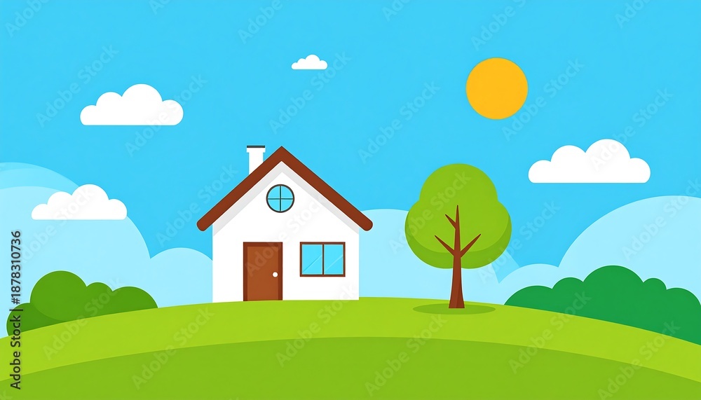 Fototapeta premium A serene cartoon landscape with a house on a green hill