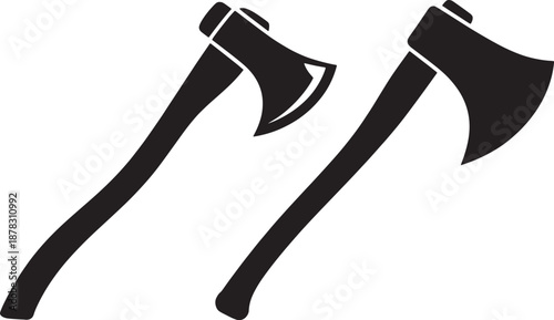 Two black silhouette axes with wooden handles on a white background